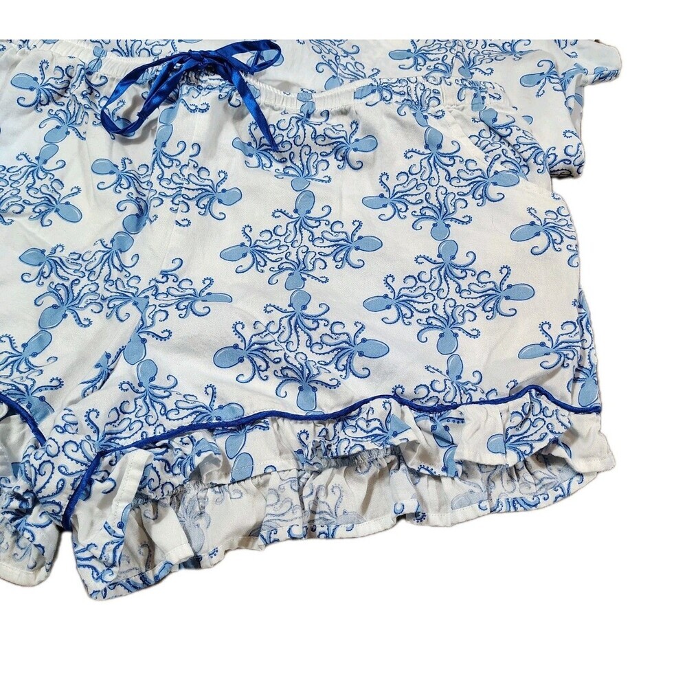 Womens Octopus Pajama Set Size XL Blue White Coastal Nautical Cotton - Picture 3 of 12